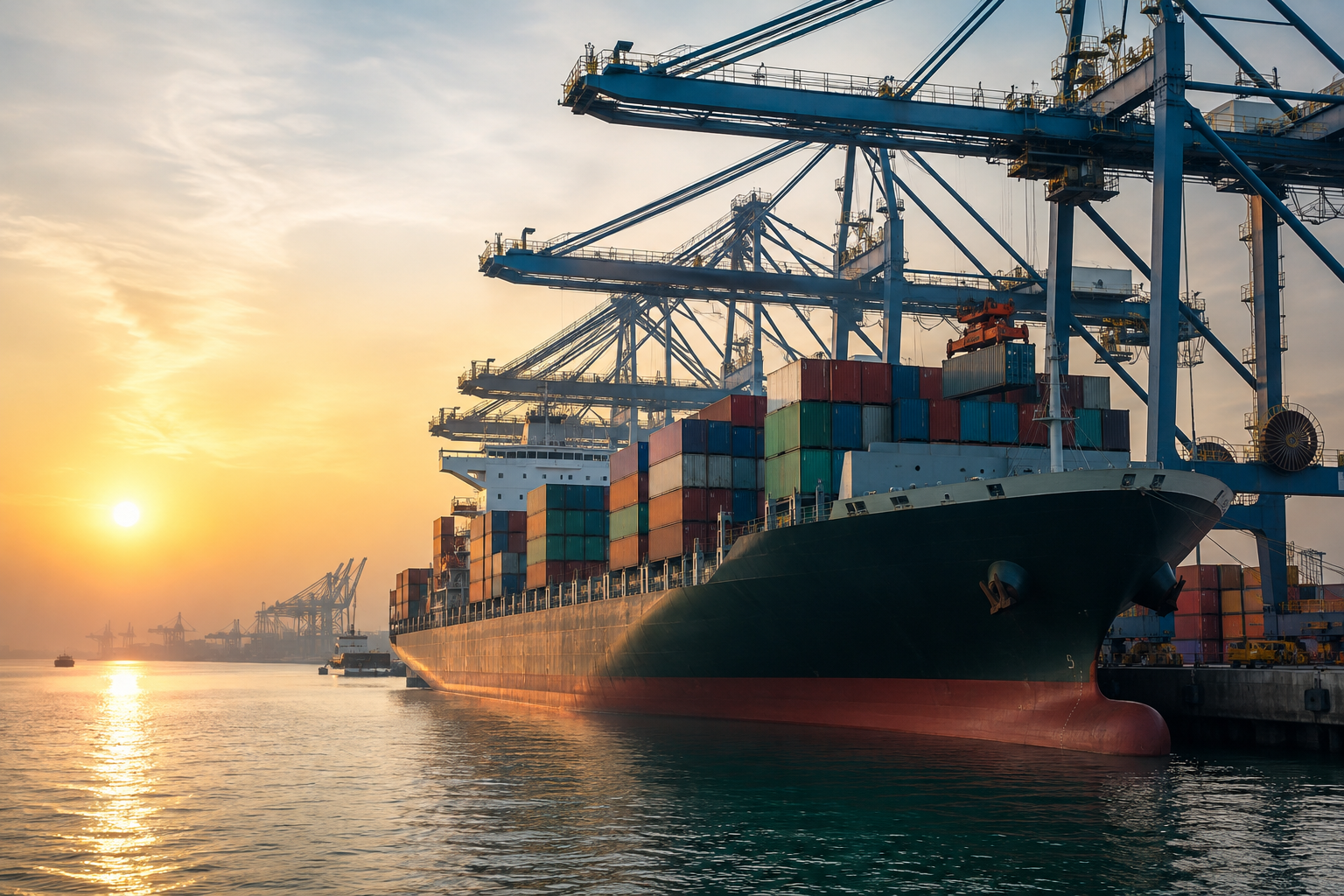 Cargo ship at an international seaport at sunrise