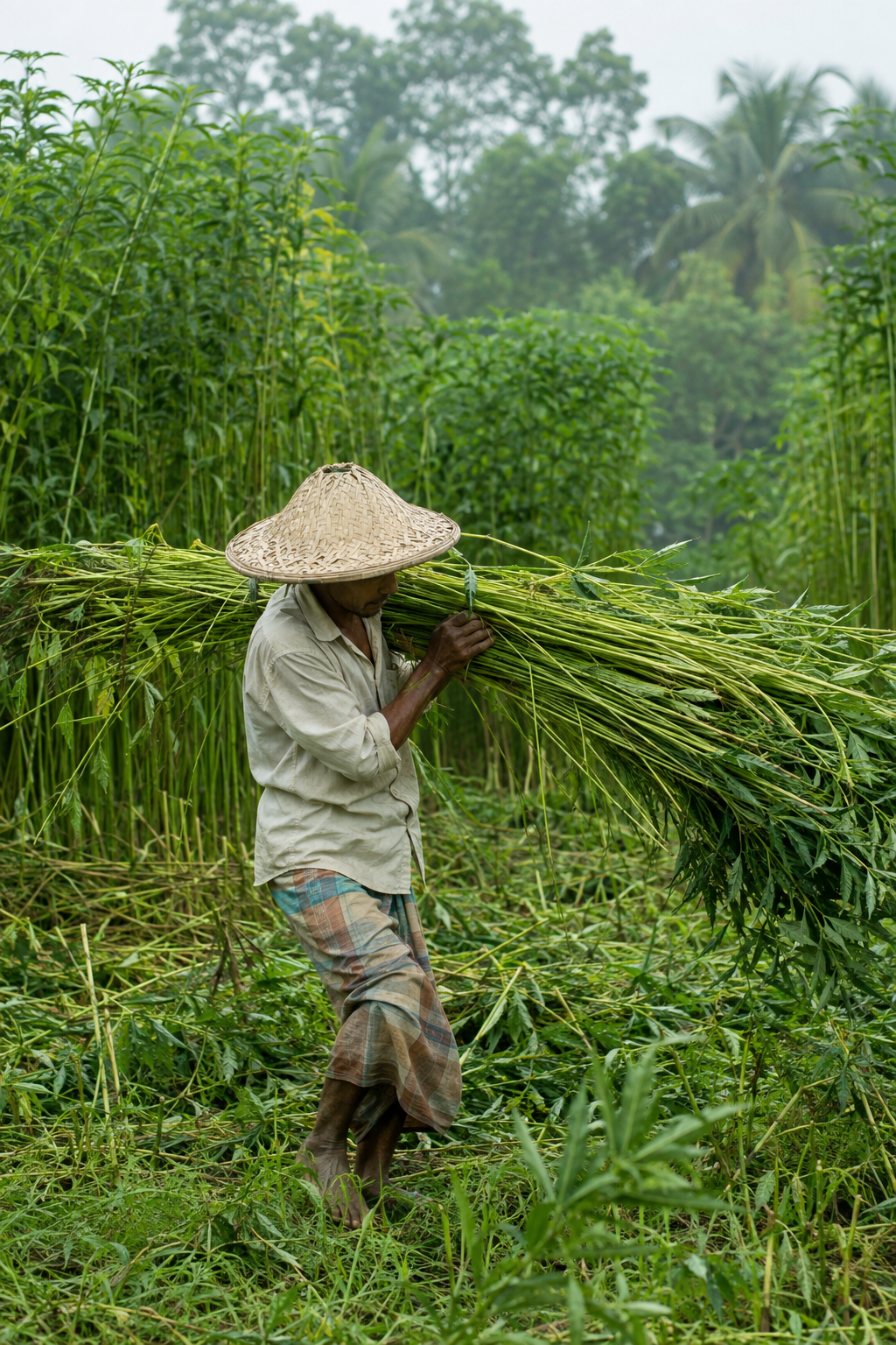 A jute farmer carrying freshly harvested stalks