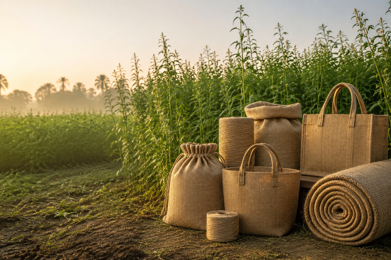 Natural jute bags, twine and fabric in a green jute field