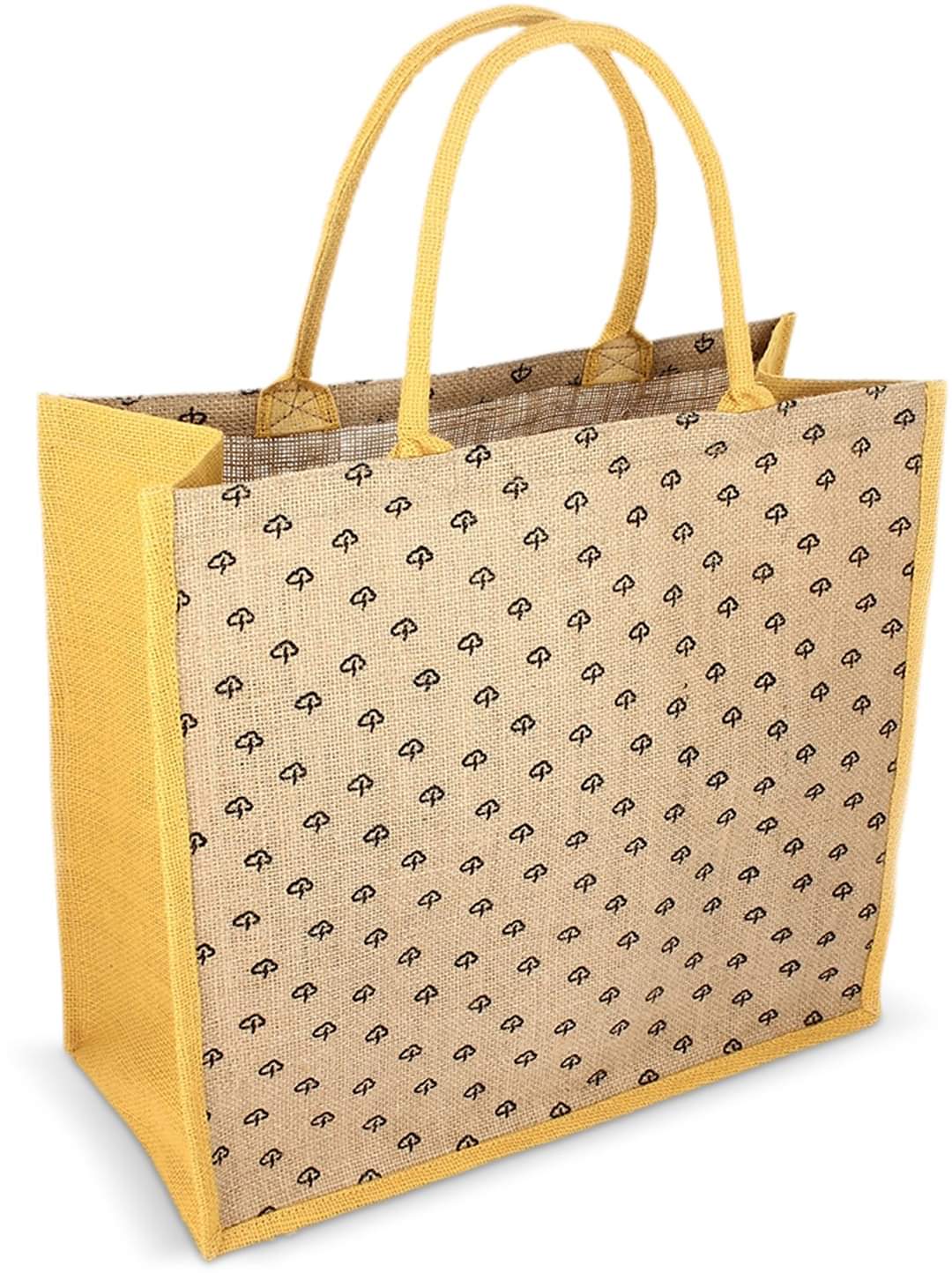 Yellow tree-print jute tote