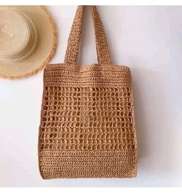 Open-weave crochet jute tote