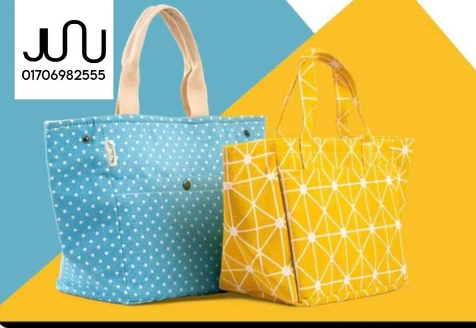 Blue and yellow patterned mini jute totes