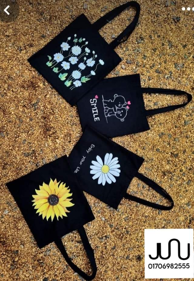 Black mini totes with floral and smile prints