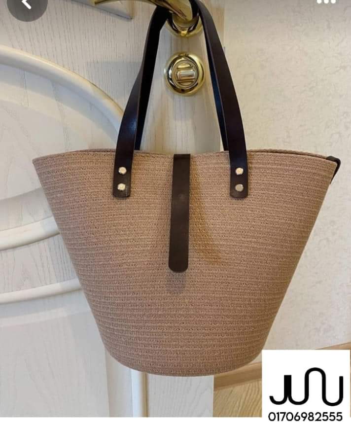 Rope tote with dark leather handles