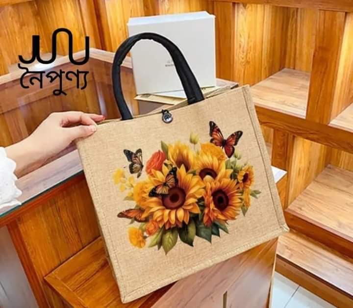 Sunflower printed jute tote