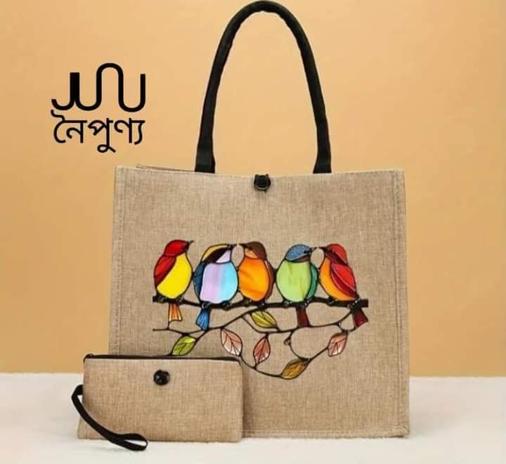 Colorful birds printed jute tote with pouch