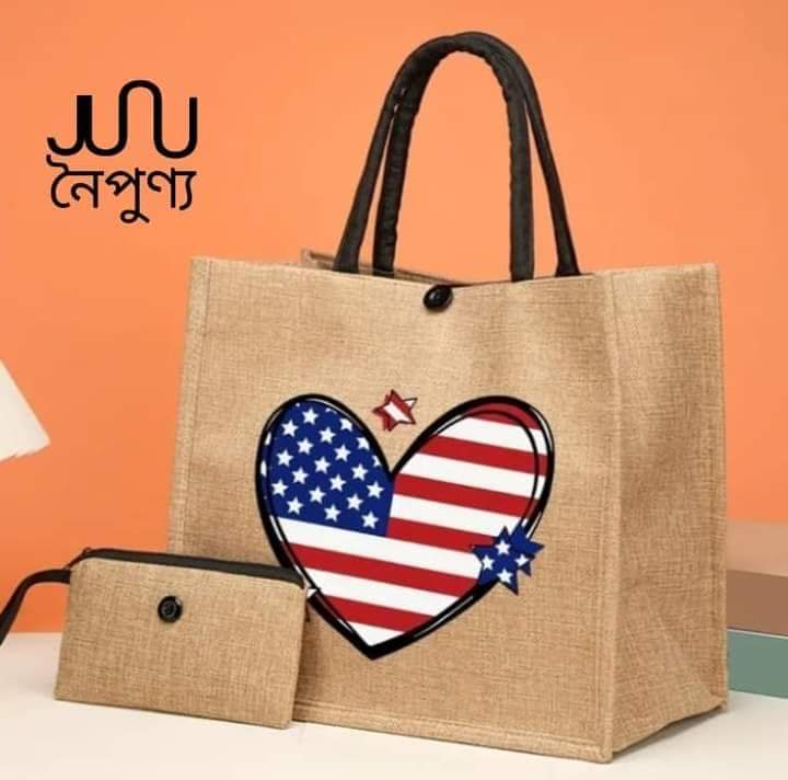Heart print jute tote with pouch