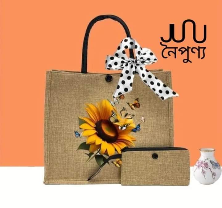 Sunflower jute tote with a polka-dot bow